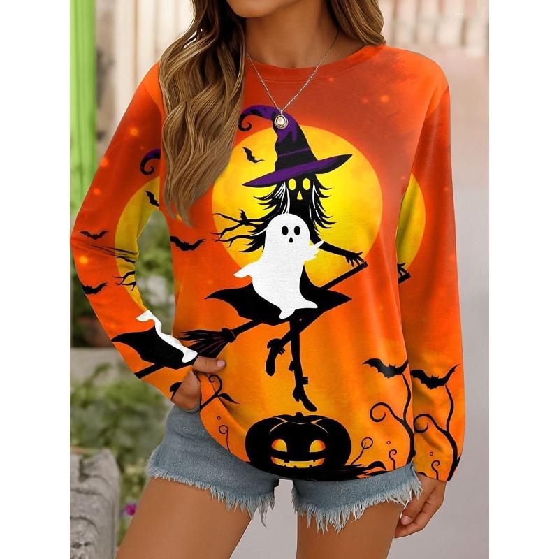Round Neck 3D Ghost Printed Top Casual Long Sleeved Women's T-shirts - Soft Medium Stretch Polyester Fabric Spring and Autumn Relaxed Fit Clothing