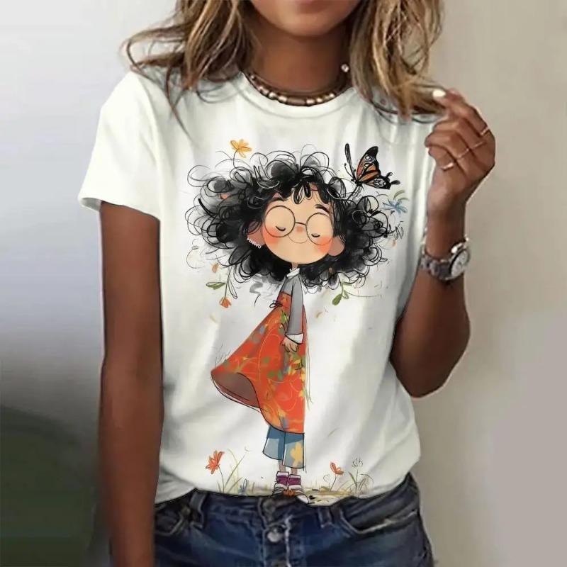 Summer Women's T Shirt Anime Girl Pattern Print Casual Short Sleeve Pullover Fashion Streetwear Cute Girl Tee Female Clothing