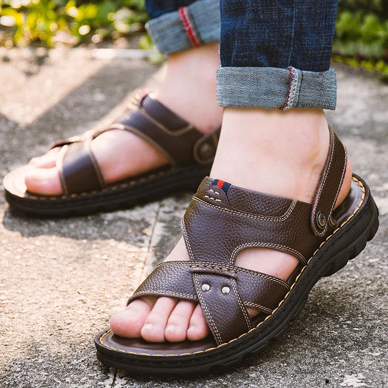 

Мужские сандалии, нескользящие сандалии из искусственной кожи, мягкие тапочки на плоской подошве для мужской повседневной обуви 39