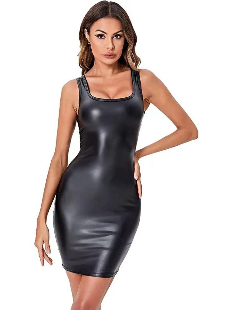 S-5Xl Sleeveless Faux Pu Leather Hot Dress Tights Package Hip Minifalda Sexy Dresses Vestido Sundress Miniskirt Clubwear Robe
