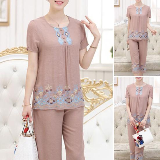 2 Pcs/Set Women T-shirt Pants Set Flower Print Round Neck Short Sleeves Elastic Waist Wide Leg Sleeping Loose Button Decor Plus Size Mom Nighty