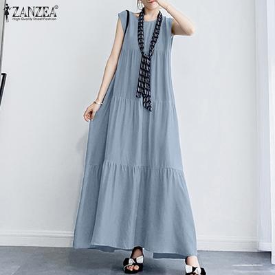 Women Casual Round Neck Solid Color Sleeveless Dress Holiday