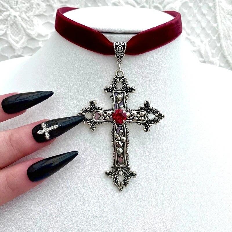 A Classic Gothic Large Cross Shaped Black Velvet Necklace Prepared for Her, Gorgeous Cross Shaped Black Velvet Necklace