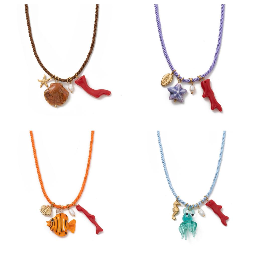 Handmade Chunky Rope Multi Color Ceramics Starfish Octopus Fish Pendant Necklace Summer Beach Shell Y2K Collar Jewelry