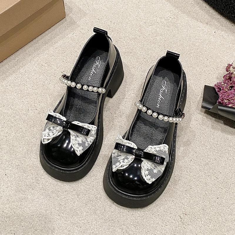 Mary Jane Shoes Women's 2025 Spring and Summer New Pearl Bow Girl Single Shoes Thick Heel Small Leather Shoes