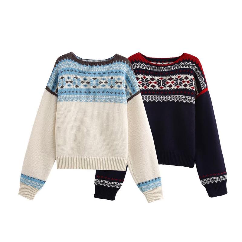 

European & American Retro Floral Women s Knitted Pullover Sweater - Winter Street Fashion Medium брудно-білий