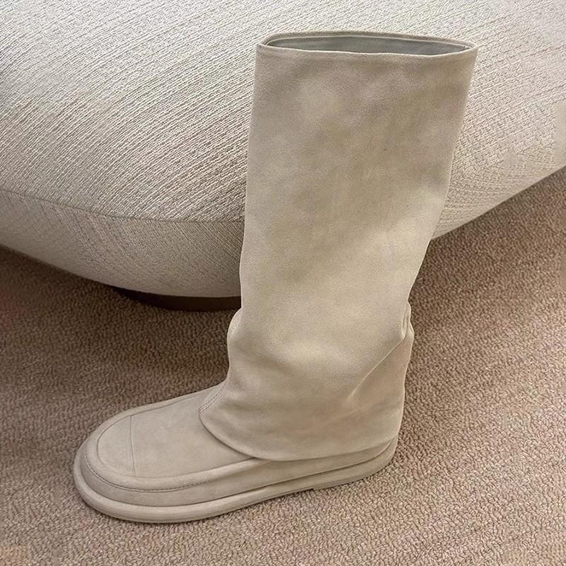 

Версия из коровьей кожи~ Кожаные ботинки-трубы на толстой подошве Xiaoxiangfeng женские зимние французские белые ботинки ботинки рыцаря высокие ботинки 40 слоновая кость