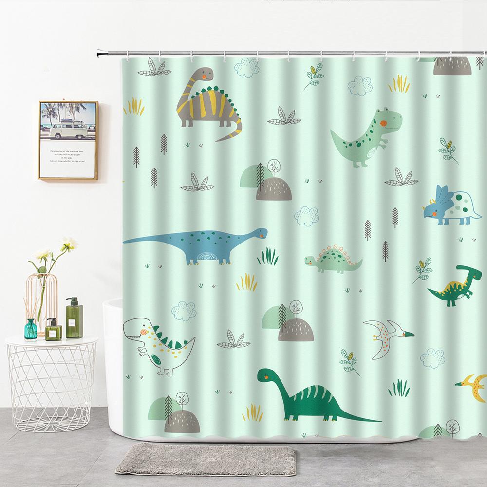 Cartoon Dinosaur Shower Curtain Fabric Hooks Children's Room Decoration Cloth Toilet Bath Curtain Home Background Wall Covering