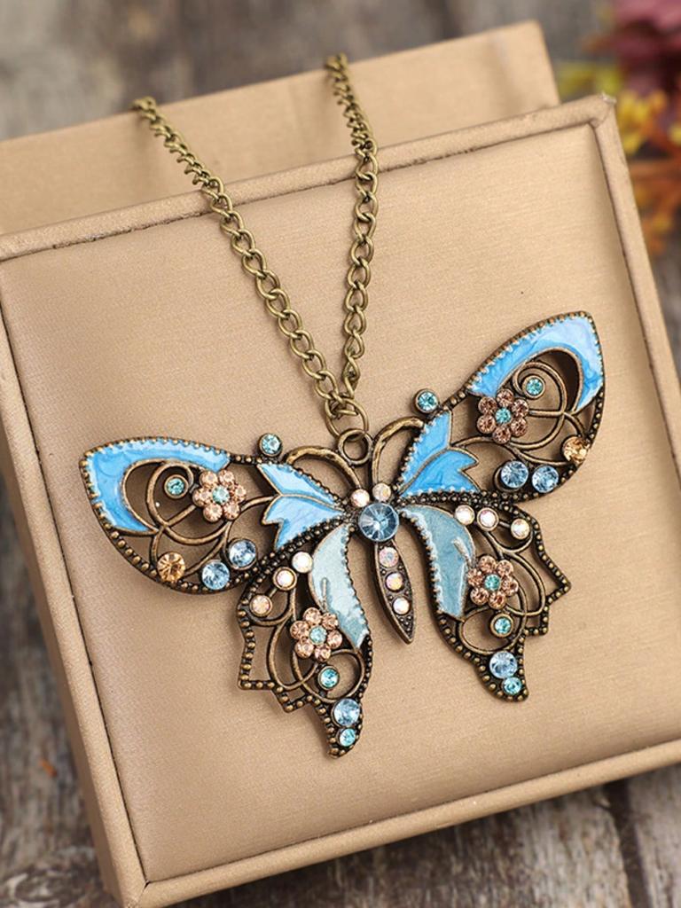 1 Pc Vintage Hollow Butterfly Drip Oil Sweater Chain Necklace