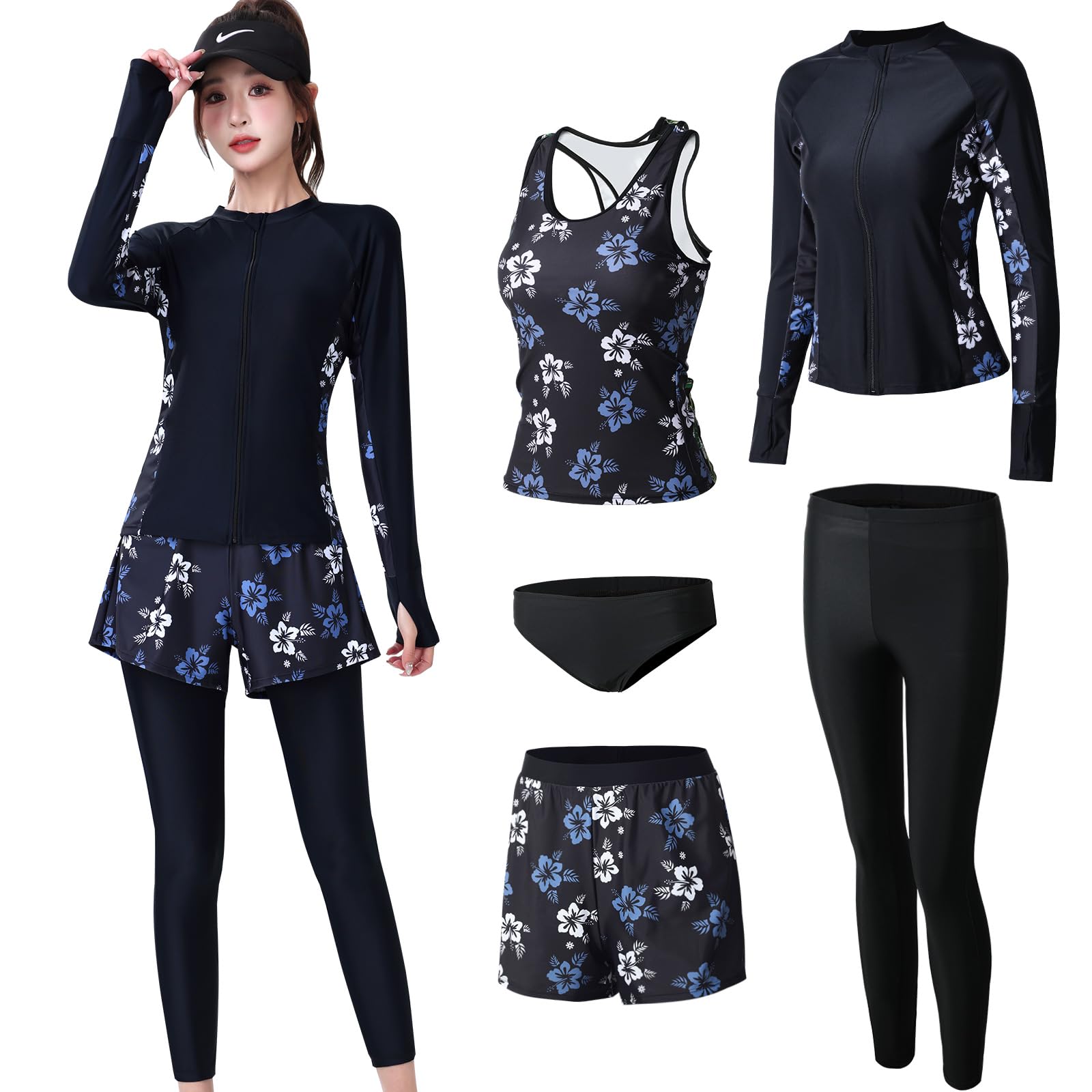 

Фитнес Рашгард Танк Палец УФ Для Плавания [Hilltop Cloud] Женский Купальник, Купальник, Покрытие, Защита, Набор из 5 предметов, Топ, Леггинсы, Отверстия, синий