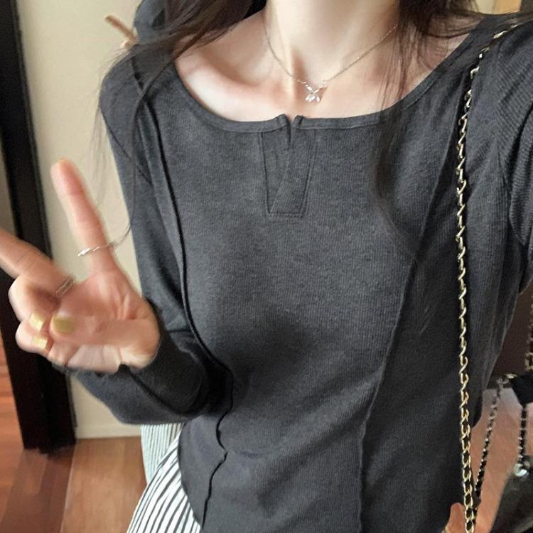 Versatile Long Sleeve T Shirt for Women New Style Slimming Pure Desire Bottoming Retro Spring and Autumn