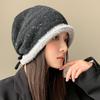 Autumn and winter ear protection warm bag head hat women's big head circumference showing face small pile hat color matching versatile knitted hat