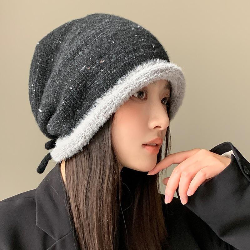 Autumn and winter ear protection warm bag head hat women's big head circumference showing face small pile hat color matching versatile knitted hat