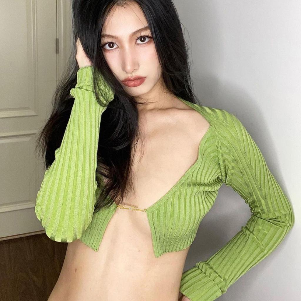 Knitted Ribbed Women T ShirtAutumn Spring Solid Long Sleeve Slim Crop Tops Sexy Low Cut Lace Up Night Club Party Outwear
