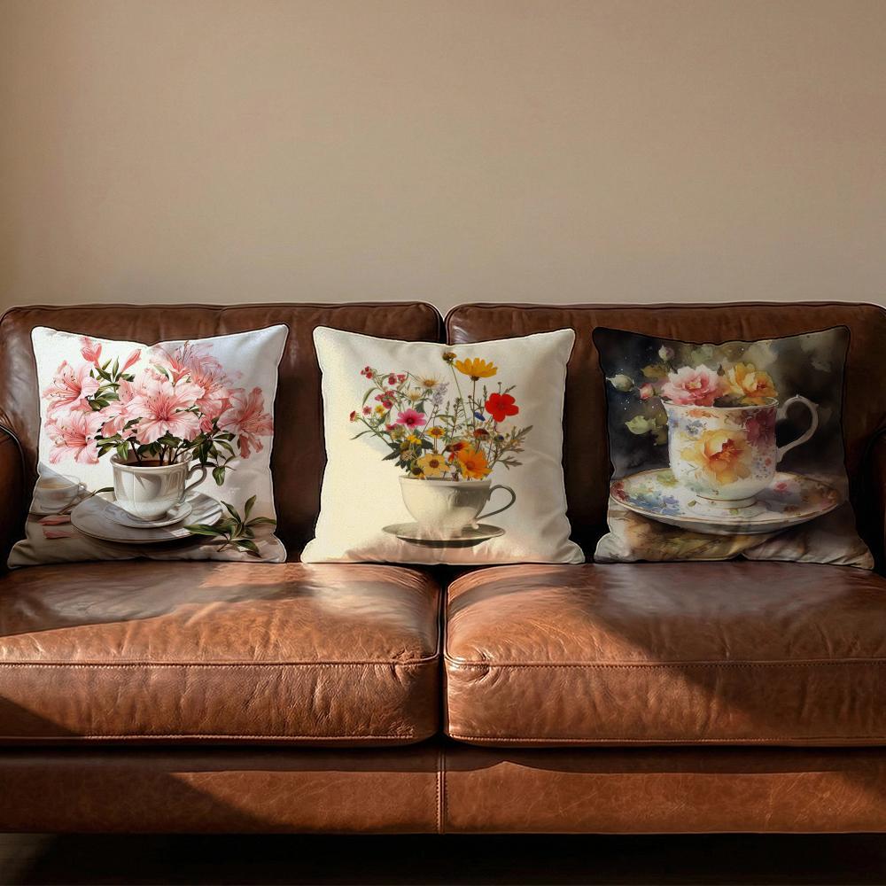 Painting Cup of Flowers Cushion Cover Soft Reversible  Durable Pillow Cover  MultiScene Use for Home  Car Daily Comfort