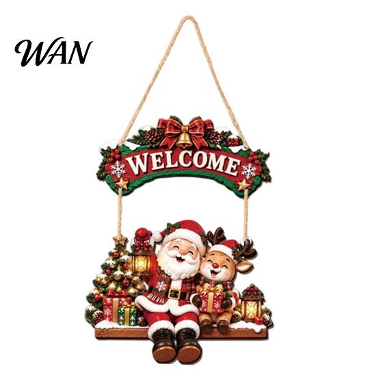 Festive Room Decoration for Holiday Wooden Christmas Welcome Sign, Front Door Hanging Rustic Gift Friends And Family Wall Decor with Elk/Santa