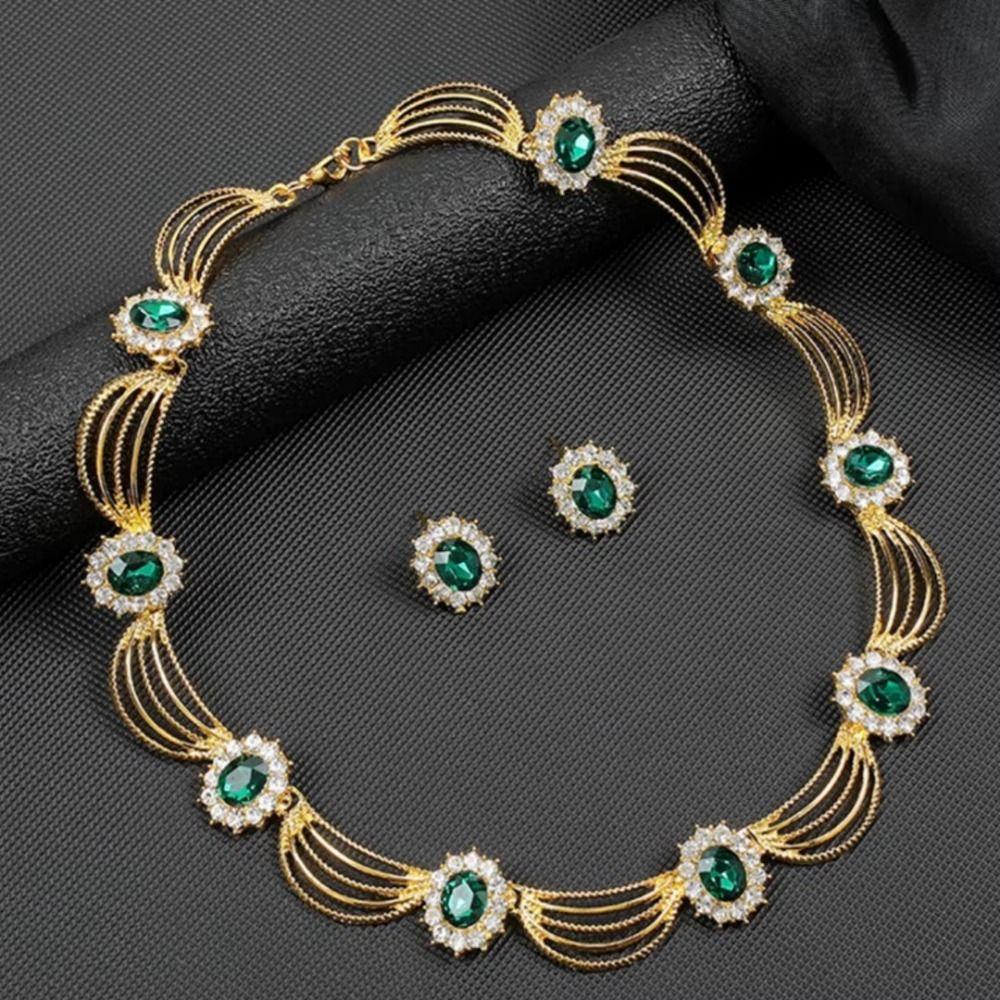 Gold-Tone Gemstone Necklace Set Geometric Statement Jewelry Set Earring Matching Set  Women
