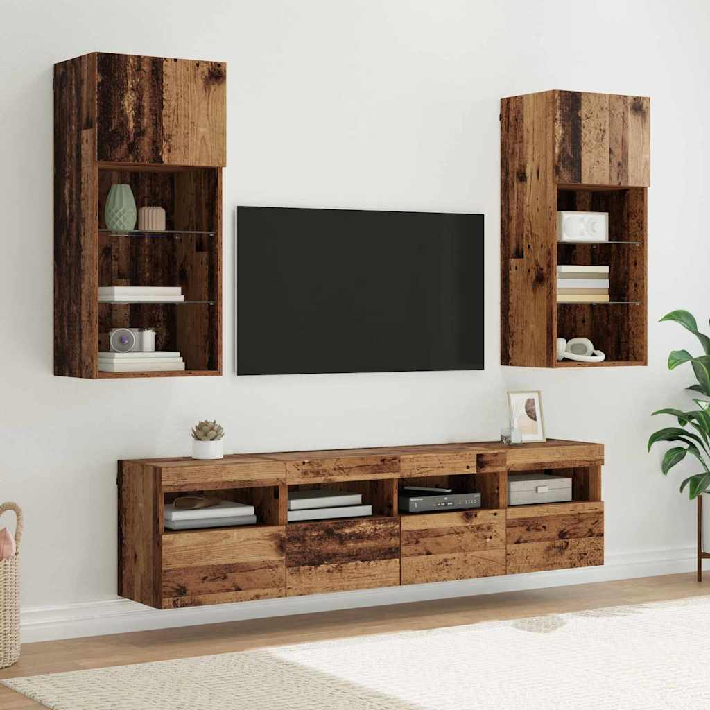 Wall Mounted TV Unit with LED Lighting 5 pcs Reclaimed Wood Look 40.5 x 30 x 90 cm