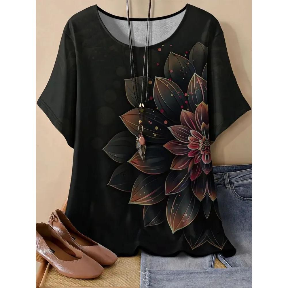 Damen Kurzarm T-Shirt Modisches Buntes Blumenmuster Bequem Locker Oversize Rundhals T-Shirt