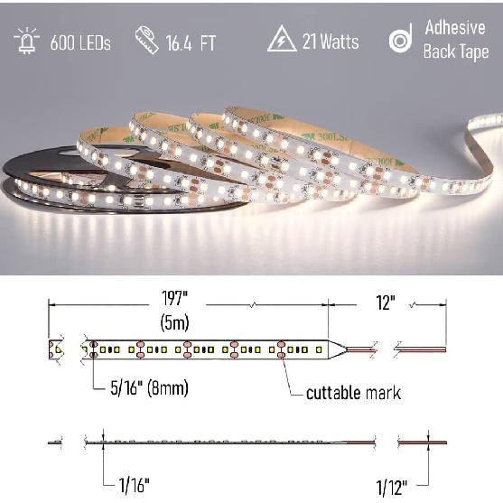 RV Flexible LED Strip Light 12V Dimmable Tape Light 16.4 Ft 600 LEDs 2000 Lumen Width 5/16” For Camper Van Motorhome Truck Trailer Interior