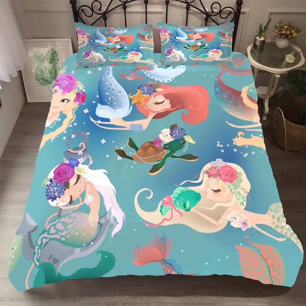 Print JellyfishUnicorn 2/3Pc Single Kids Black Cartoon Bedding Set Duvet Set With Pillowcases Mermaid Princess Bedset Twin Size