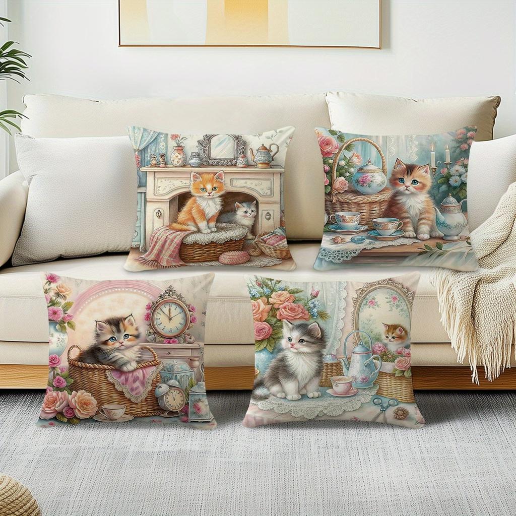 Vintage - Style Kitten Tea - Time Pillow CoversLiving Room Sofa Cushion Cover, Soft and Comfortable, Bedroom Room Decoration