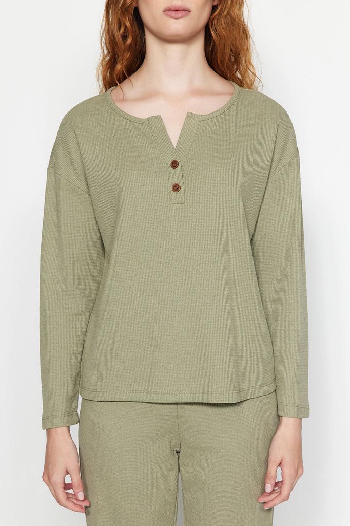 Women's Fashion New Pajama Set Green Waffle Tshirt-Pants Knitted Pajama Set