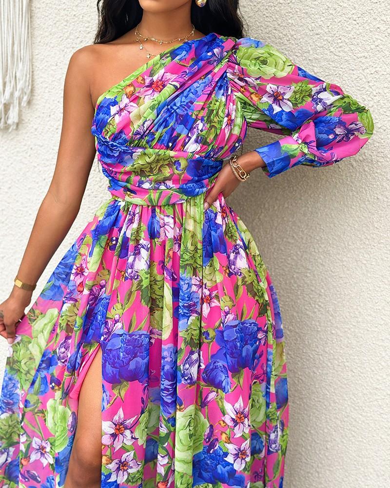Dress spring and summer new women s off-the-shoulder long lantern sleeve long dress printed dress S