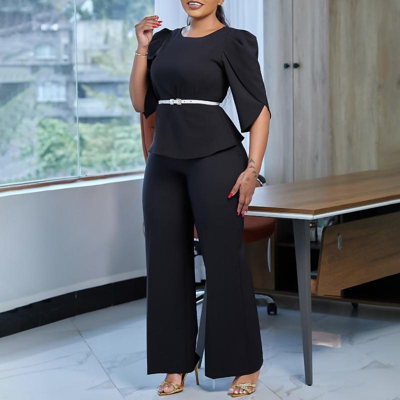 Dámská nová móda Temperamentní elegantní jednobarevné top široké kalhoty dvoudílný oblek