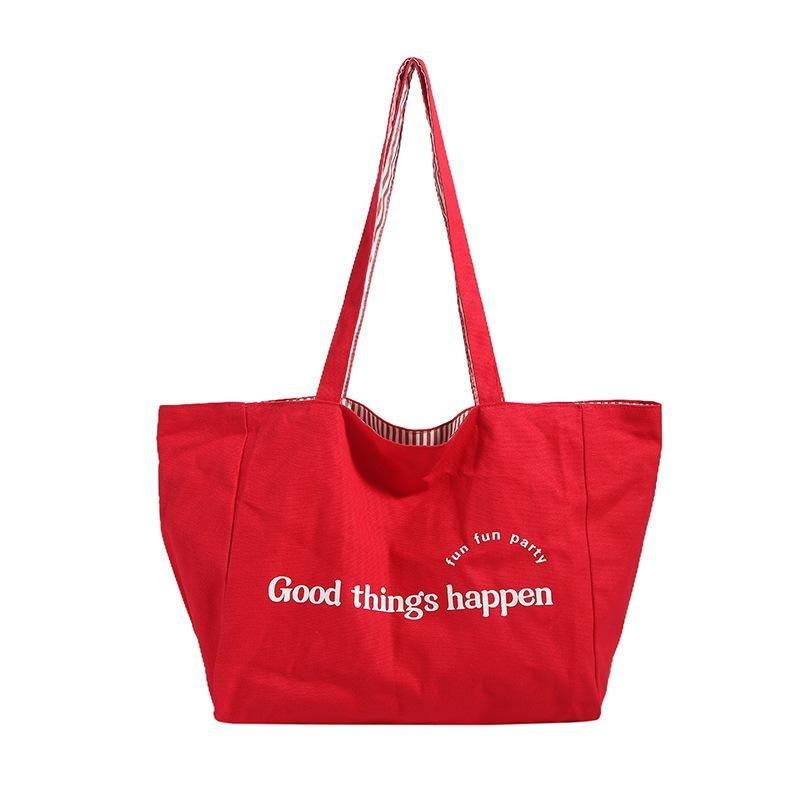 Large-capacity Tote Bag Striped Single-shoulder Bag Lettered College Student Canvas Bag Women's Commuting Bag