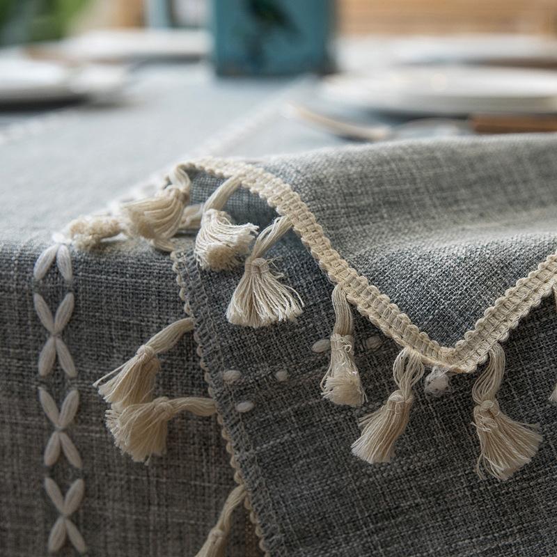 Solid Decorative Linen Tablecloth With Tassel Waterproof Thicken Rectangular Wedding Dining Table Cover Tea Table Cloth