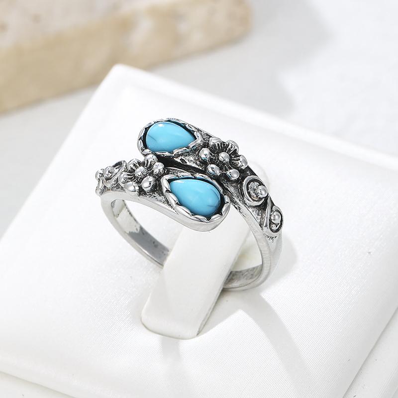 Vintage Imitation Turquoise Flower Open Ring Copper Color Adjustable Wrap Ring Bohemian Ethnic Jewelry For Women Daily Wear