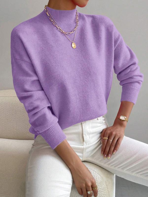 Women's Solid Color Loose Knit Sweater - Half-High Neck, Long Sleeve, Autumn/Winter Fashion.