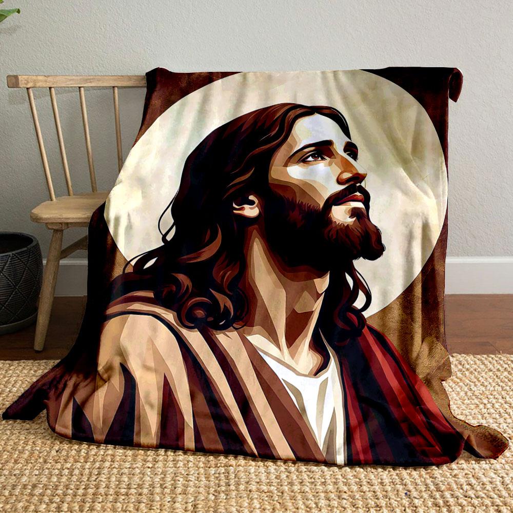 "Jesus Illustration with Radiant Halo" Patterned blanket, flannel, suitable for all seasons, home decor, warm and cozy
