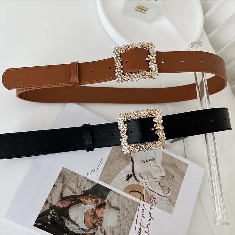 Stylish New Alloy Buckle Women's Belt Perfect For Dresses And Coats With Rhinestone Detailing In Black And Camel Color