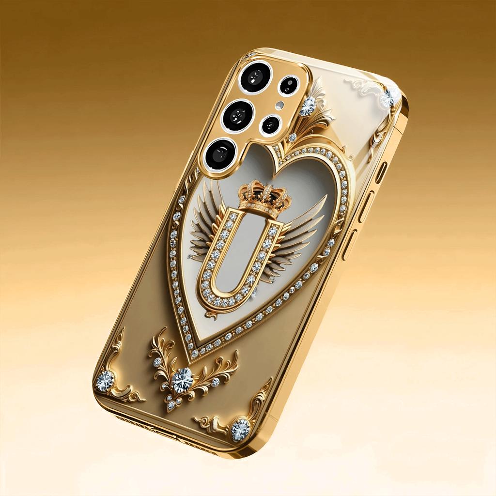 Gold-plated tempered glass phone case, compatible Galaxy S26 S25 S24 S23 S22 Ultra Plus. Features a gold heart-pattern design.