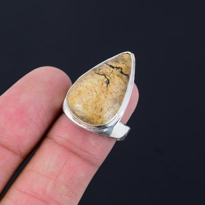 Birthday Gift For Her Natural Picture Jasper Solitaire Ring Size 8.5 925 Silver