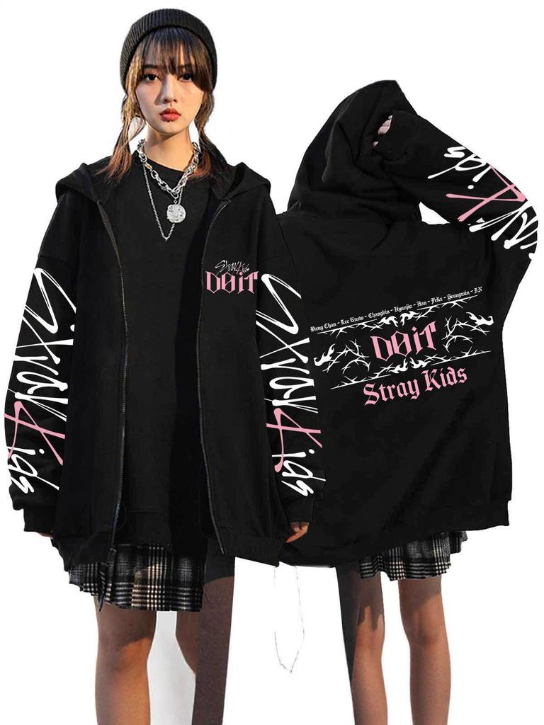 Sudadera con capucha estampada suelta con cremallera Harajuku de Stray Kids En stock