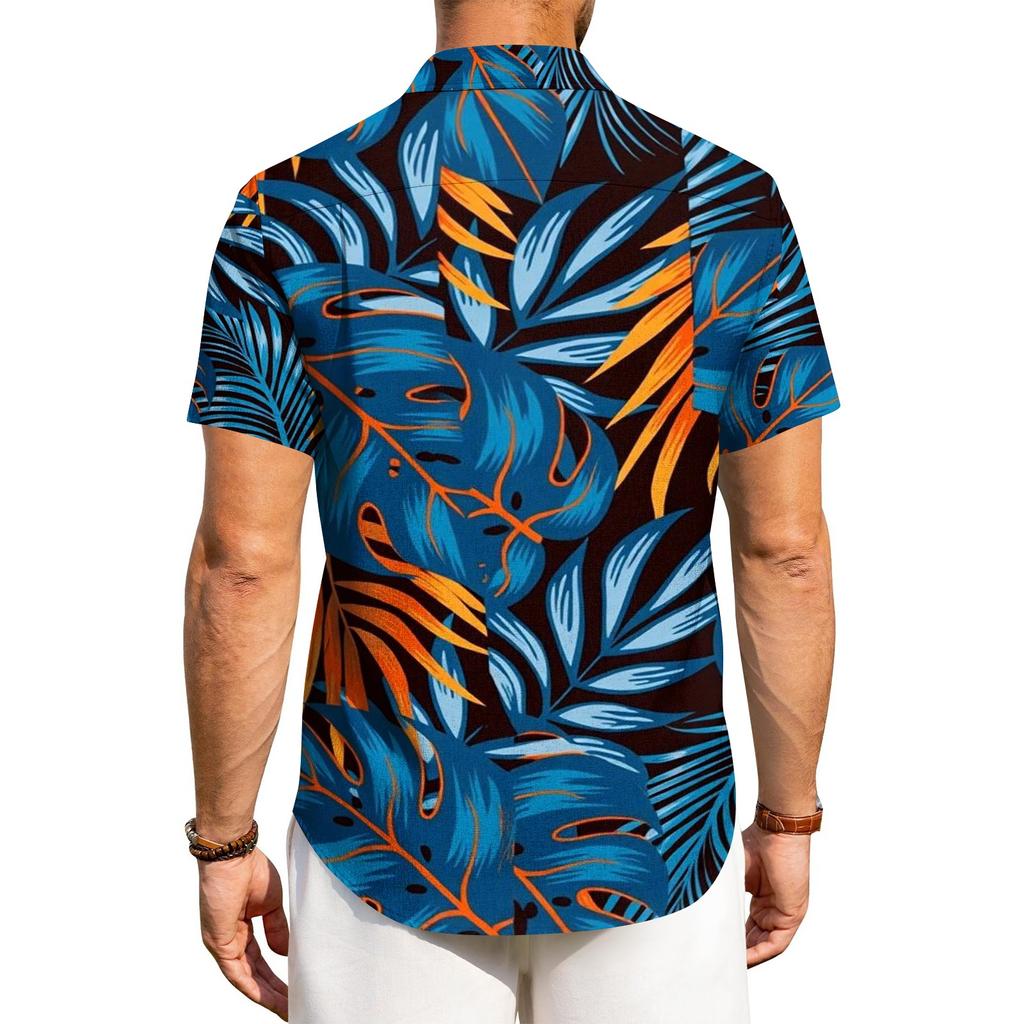 Men's Casual Loose Fit Short Sleeve Shirt Button Down Palm Leaf Print Lightweight Summer Beachwear Shirt