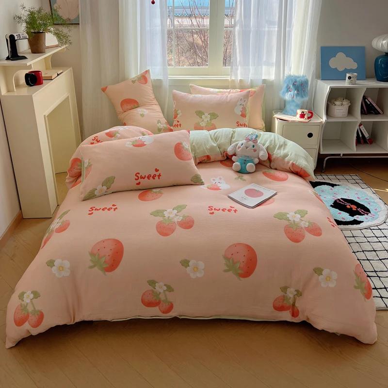 Cute Strawberry And Rabbit Duvet Cover Set Washed Cotton Linen Feel Super Soft Comfortable Chic 4Pcs Home Decor Bedding Set