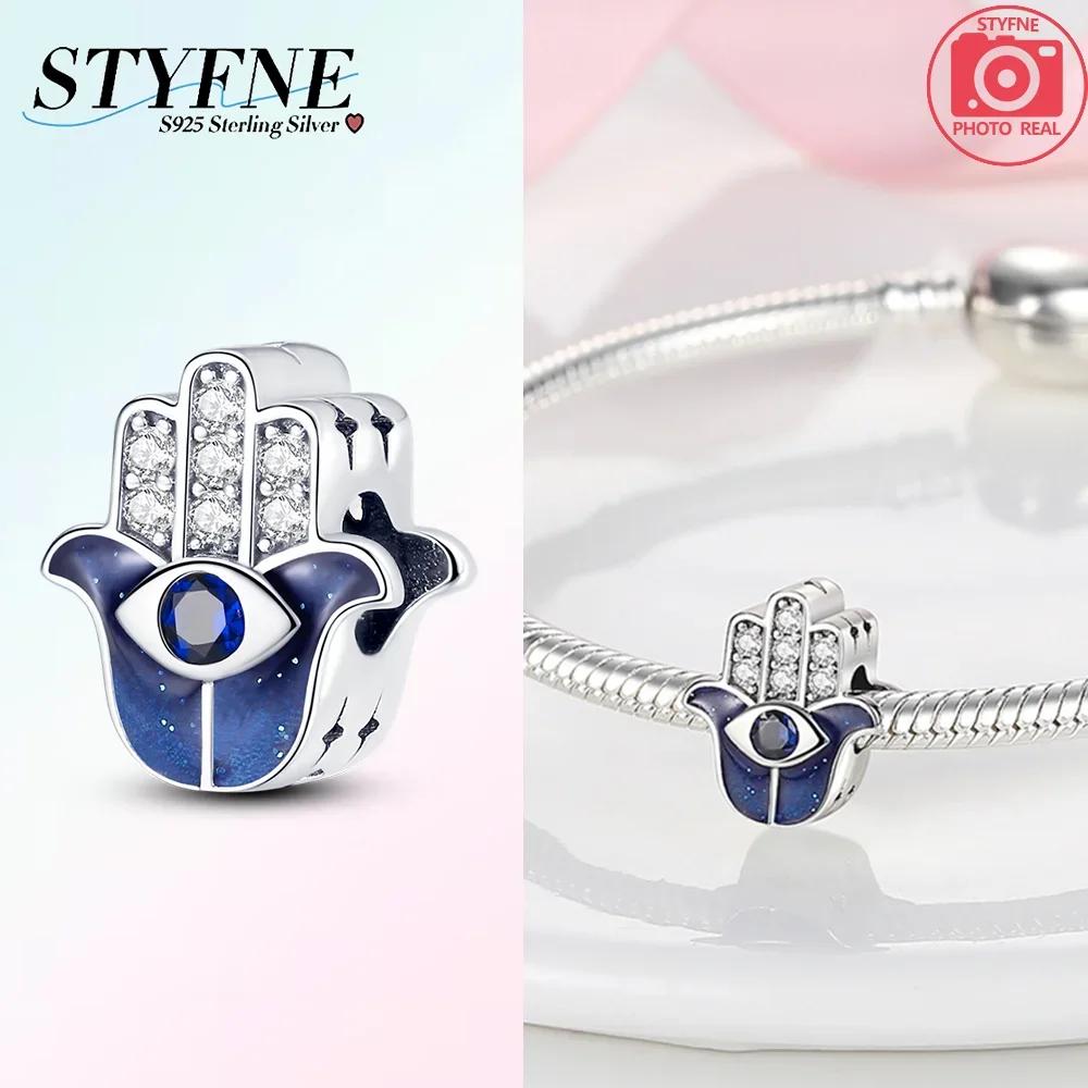 Original 925 Silver Blue Heart Demon Eye Pendant Fatima Hand Charm Bead Bracelet Women Jewelry Religion Gift