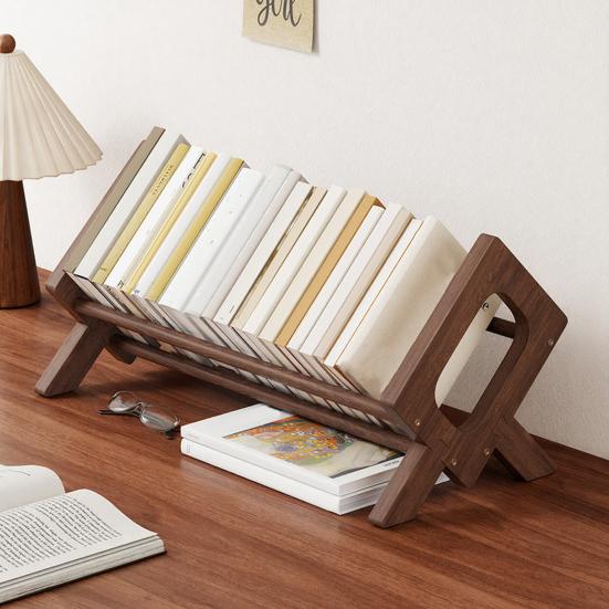 Yousheng Solid Wood Bookshelf, Desktop Book Rack with Triangular Support, Tilted Design Book Display Stand, Simple Book Storage Rack for Home Office
