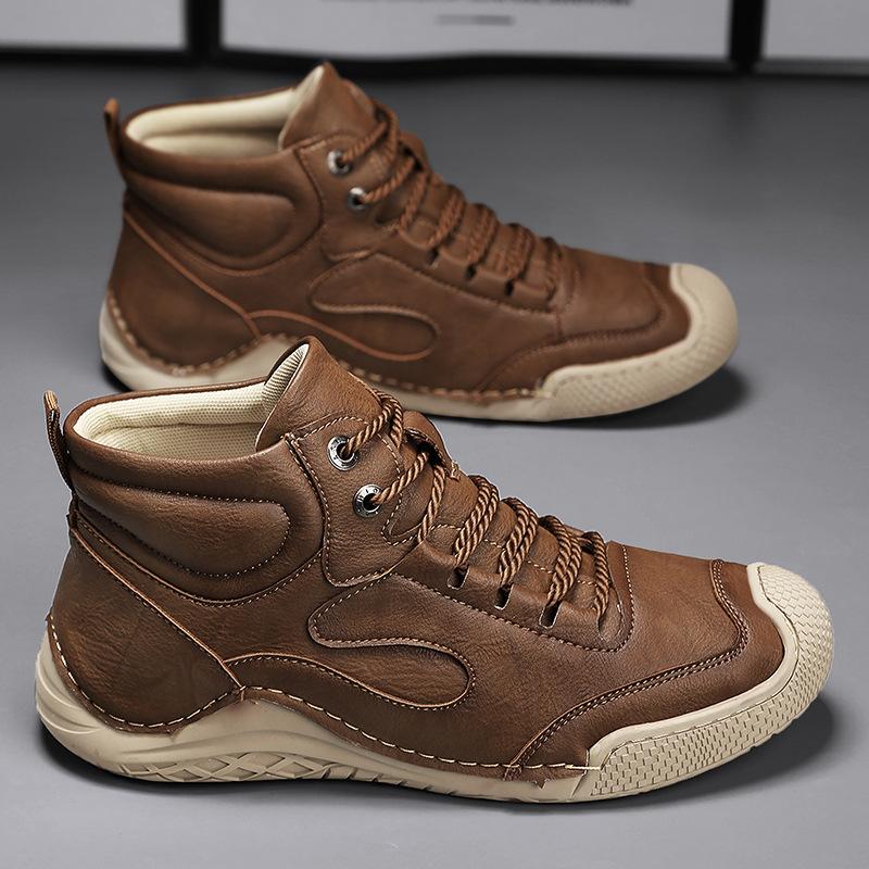 Foreign Trade New Large Size Men's Shoes Hand-sewn Medium and High Top Casual Shoes Leather Flat Bottom Outdoor Tooling Boots