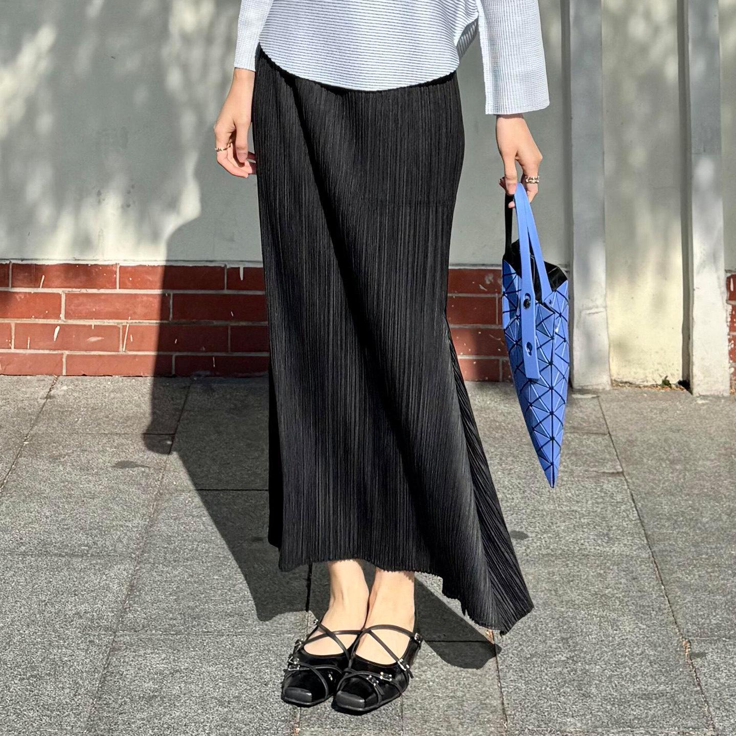 

Miyake Pleats 2025 French Retro Striped Top & Pleated Skirt Women s Spring Outfit One Size