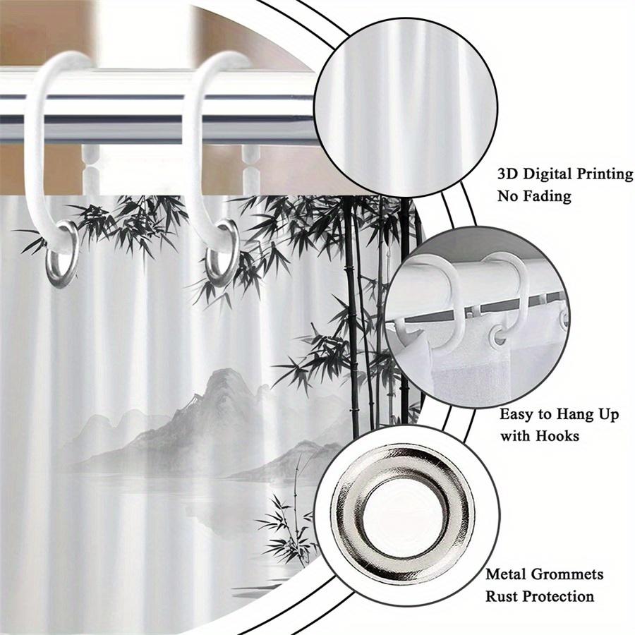 1Pc Black And White Bamboo Forest Mist Pattern Shower Curtain, Machine Washable Polyester With Hooks, Bathroom Decoration