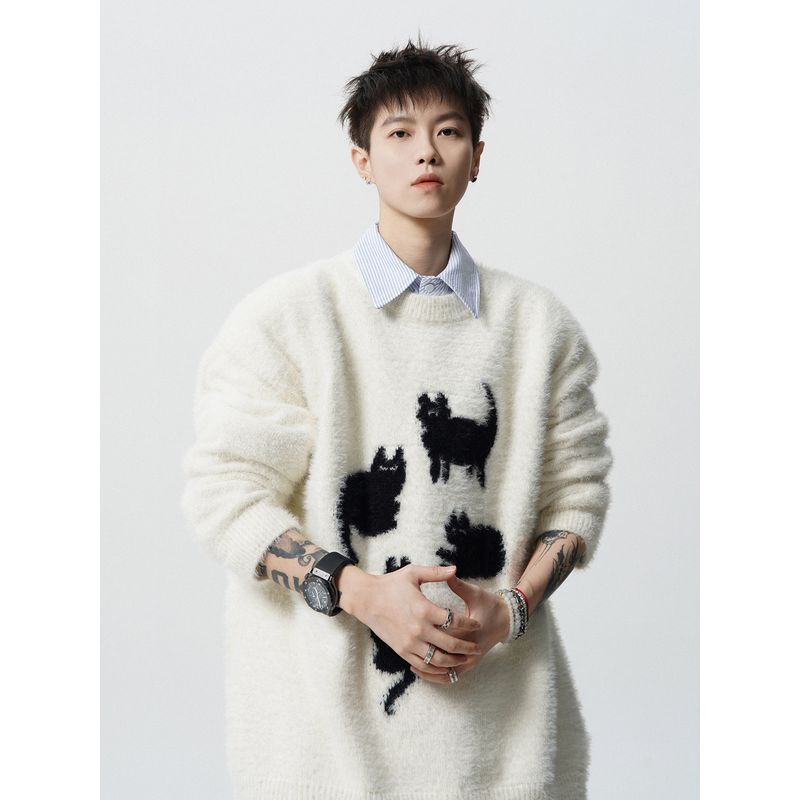 Heavy Mohair Knit Sweater for Men, Winter Trendy Brand, Lazy Style Cartoon Sweater, American Loose Fit Couple Casual Jacket