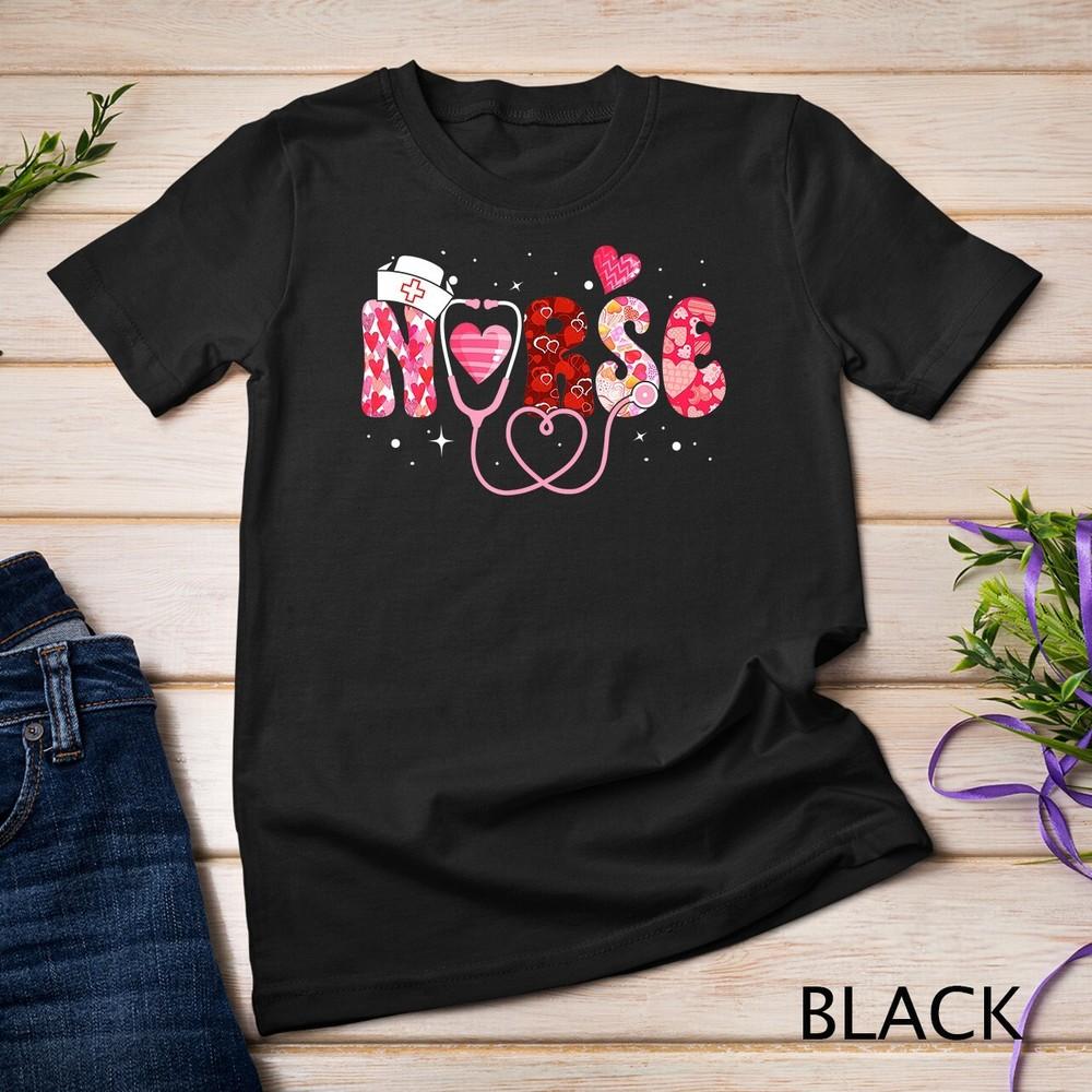 Girls Women Nurses Valentines Day Gifts Hearts Stethoscope Unisex T-shirt