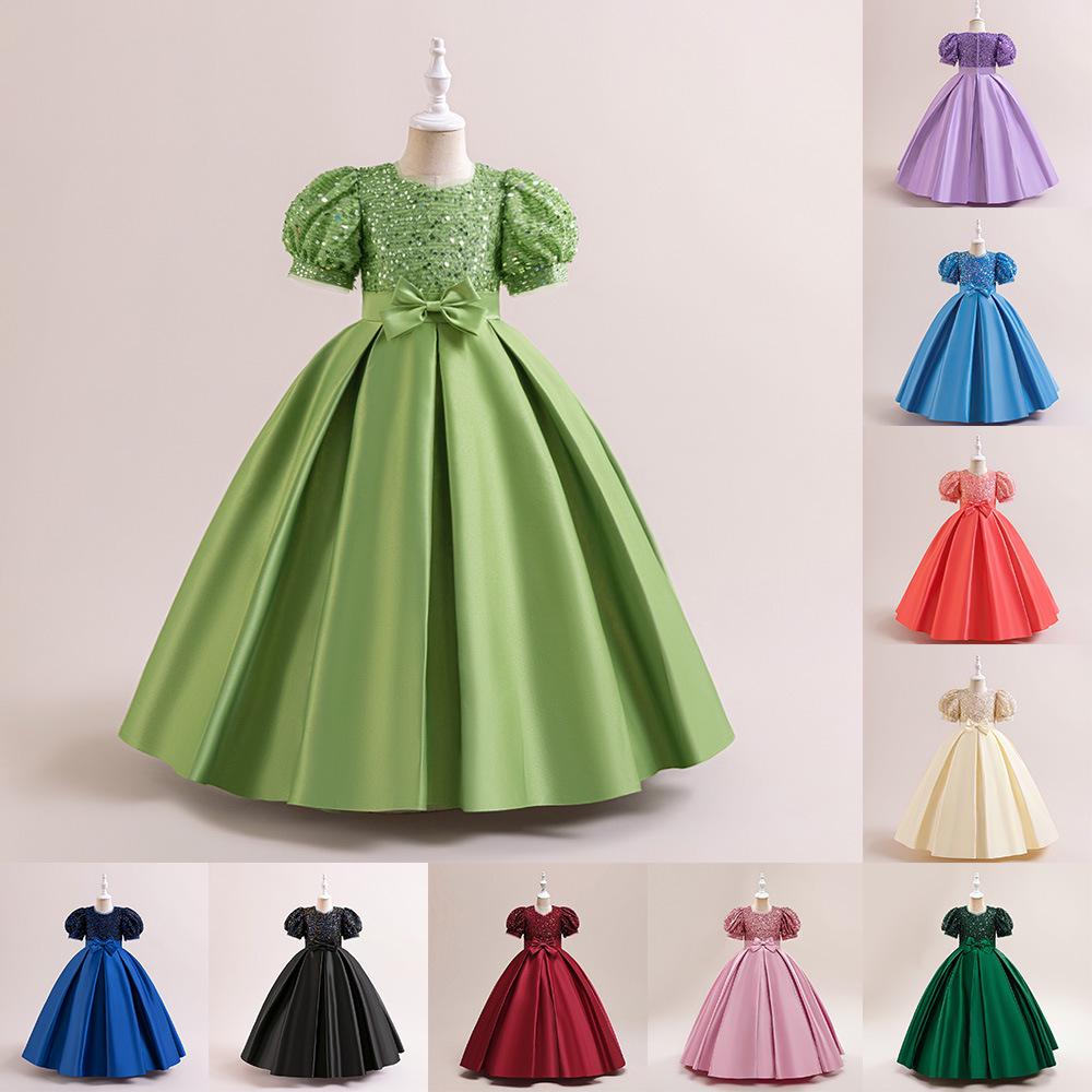 New Girls' Princess Dress with Fine Sequins, Puff Sleeves, and Spliced Satin Tutu Skirt