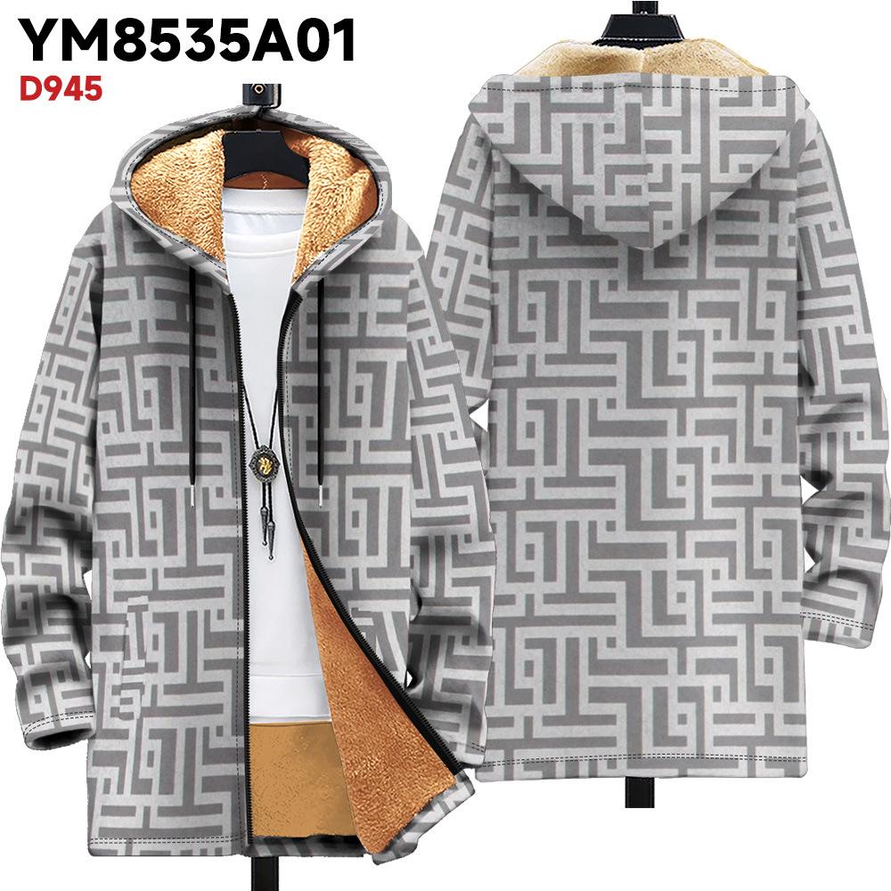 New Jacket: Multi-colored Pattern Elements, Zipper Hooded Cardigan, Thickened Winter Fleece Padded Clothes, Yellow Lining, Trendy Cotton Clothes