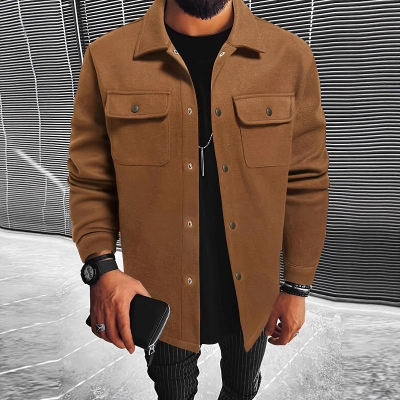 2026 New Men's Woolen Jacket, Solid Color Coat with Turn-down Collar and Buttons, Casual Overcoat